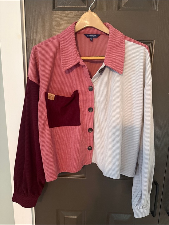 Simply Southern Tops - Colorblock Corduroy Button-Up Shirt in Rose, Burgundy & Light Gray